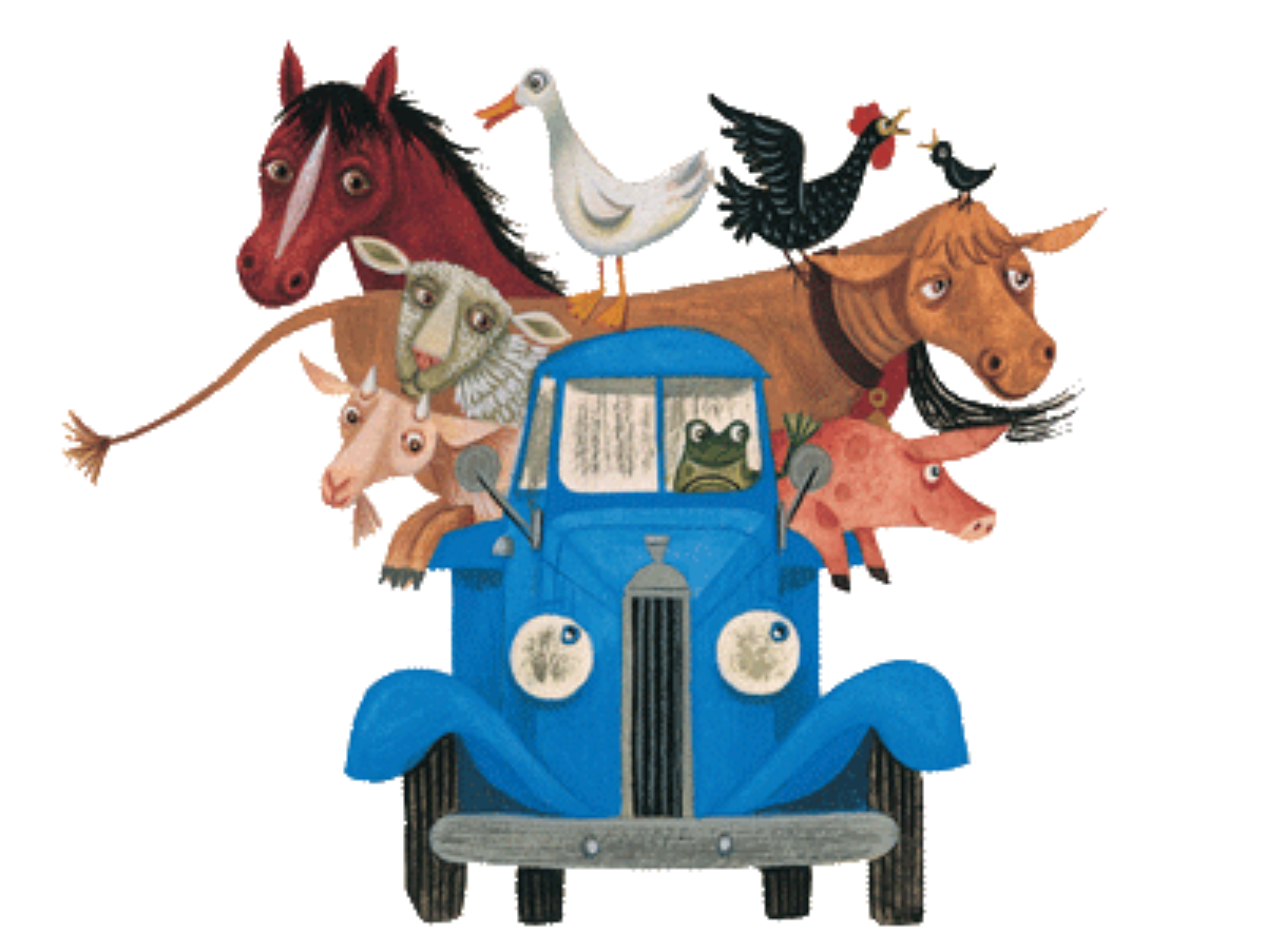 Little blue Truck with farm animals in the back.