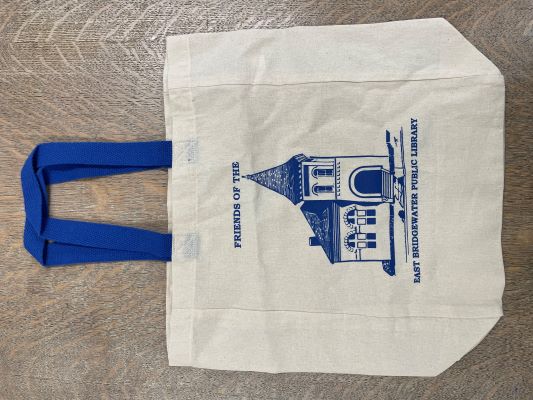Friends Book Sale Bag with blue historic image of the library