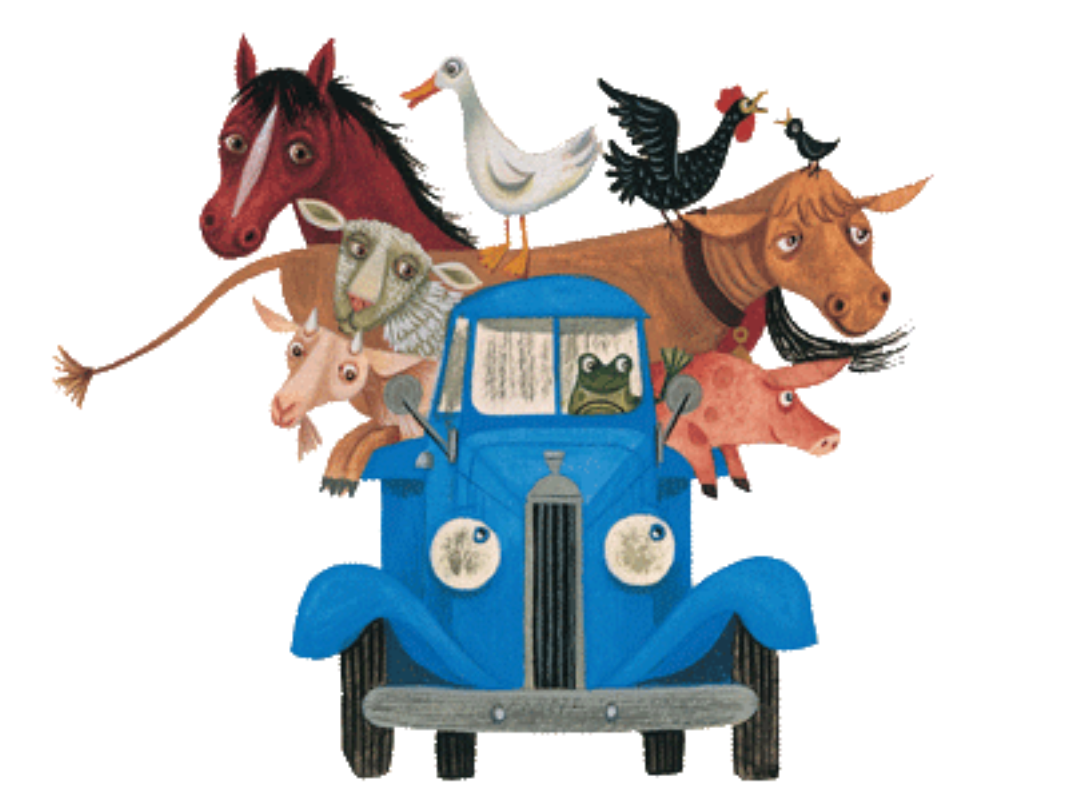 Little blue Truck with farm animals in the back.